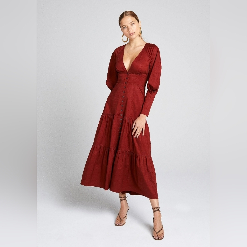 A.L.C. Fleur Long-Sleeve Tiered Cotton Maxi Dress Size 0 Deep Red